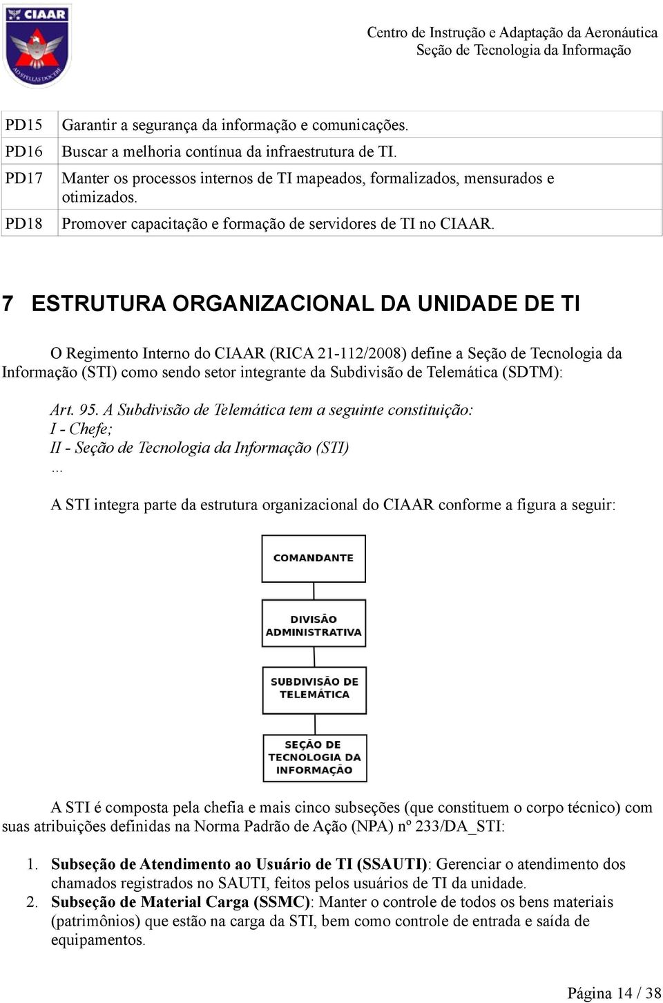 7 ESTRUTURA ORGANIZACIONAL DA UNIDADE DE TI O Regimento Interno do CIAAR (RICA 21-112/2008) define a Seção de Tecnologia da Informação (STI) como sendo setor integrante da Subdivisão de Telemática