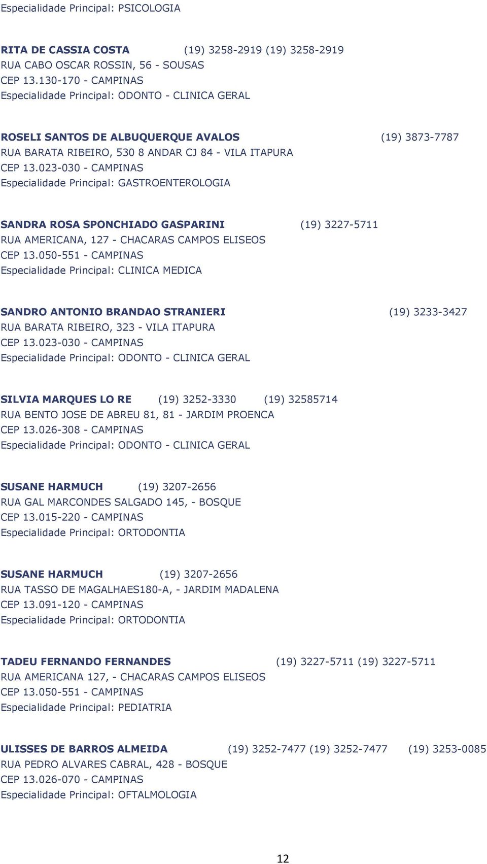 023-030 - CAMPINAS Especialidade Principal: GASTROENTEROLOGIA SANDRA ROSA SPONCHIADO GASPARINI (19) 3227-5711 RUA AMERICANA, 127 - CHACARAS CAMPOS ELISEOS CEP 13.
