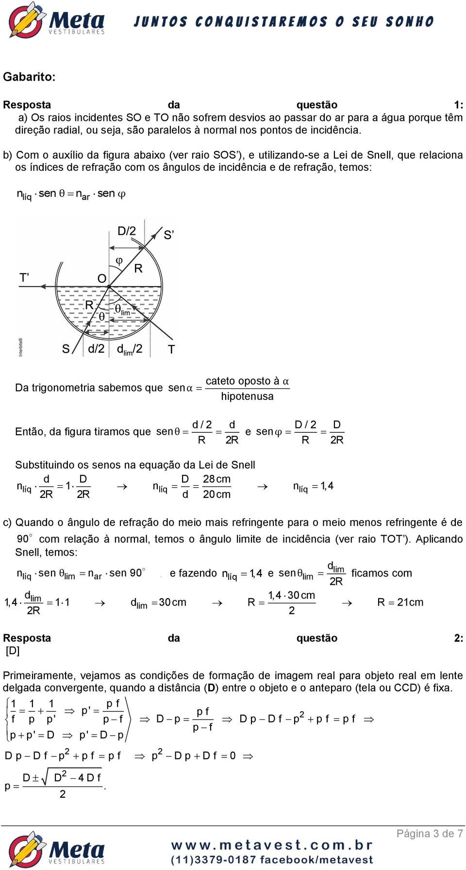 trigonometria sabemos que cateto oposto à α senα hipotenusa Então, da figura tiramos que d / d sen θ R R e D / D senφ R R Substituindo os senos na equação da Lei de Snell d D D 8cm nlíq 1 nlíq nlíq