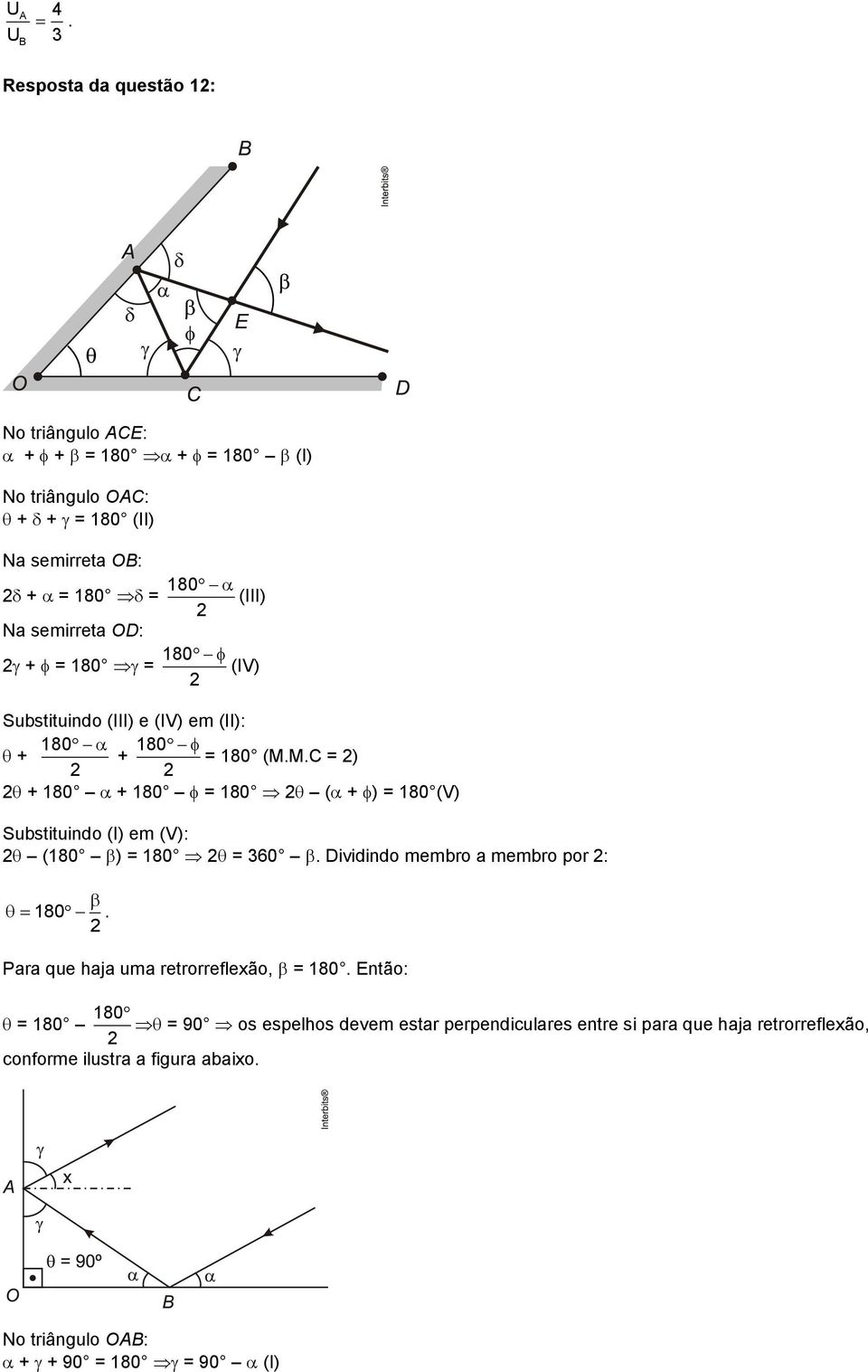 semirreta OD: + = 180 = 180 (IV) Substituindo (III) e (IV) em (II): + 180 180 + = 180 (M.