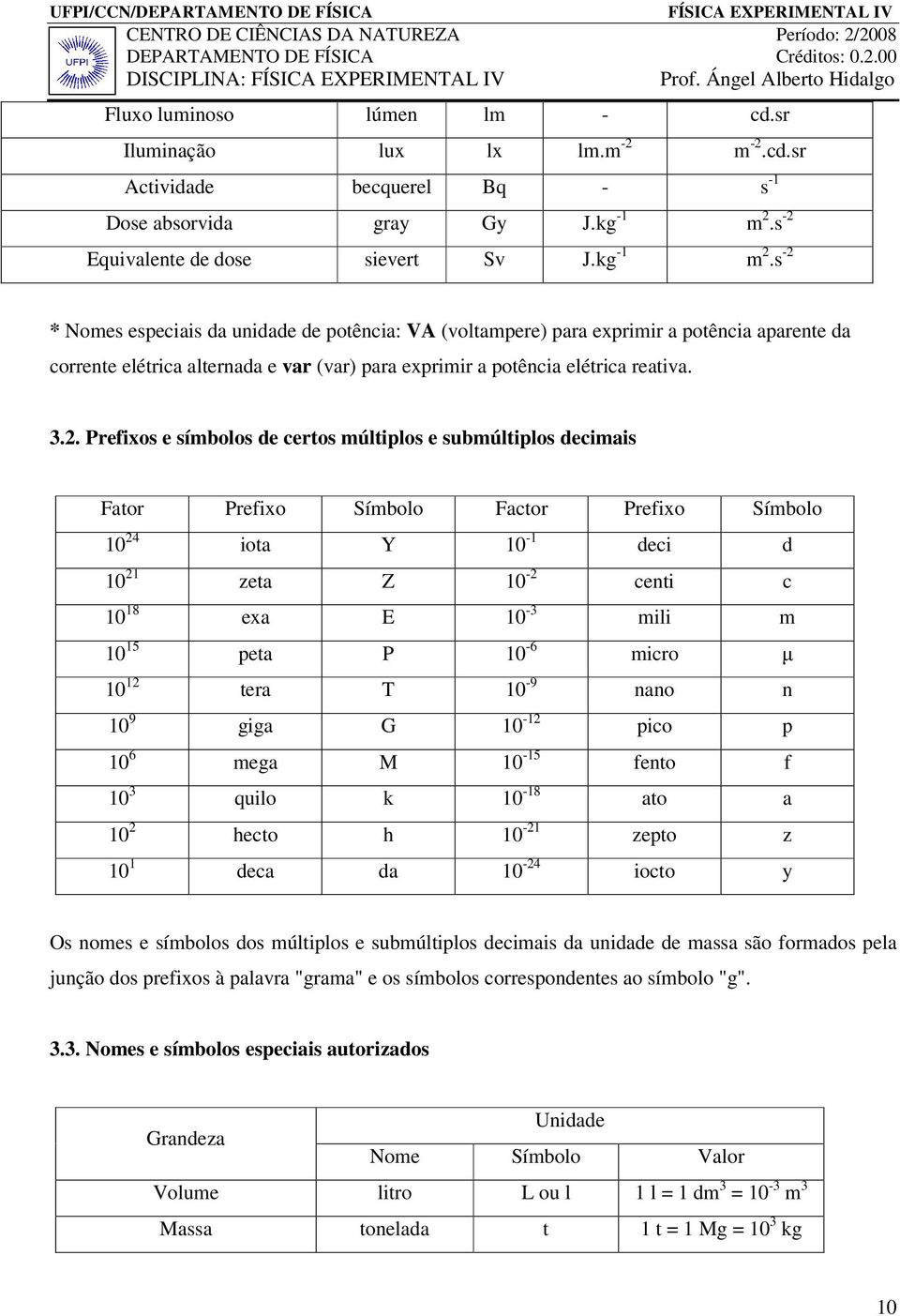 s -2 * Nomes especiais da unidade de potência: VA (voltampere) para exprimir a potência aparente da corrente elétrica alternada e var (var) para exprimir a potência elétrica reativa. 3.2. Prefixos e