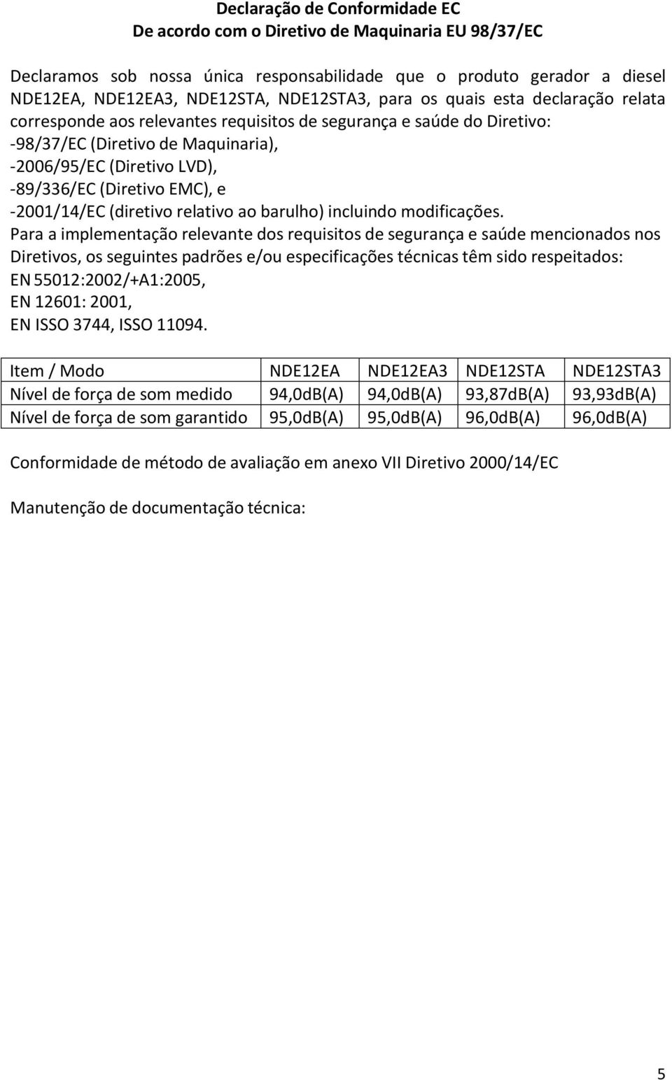 e -2001/14/EC (diretivo relativo ao barulho) incluindo modificações.