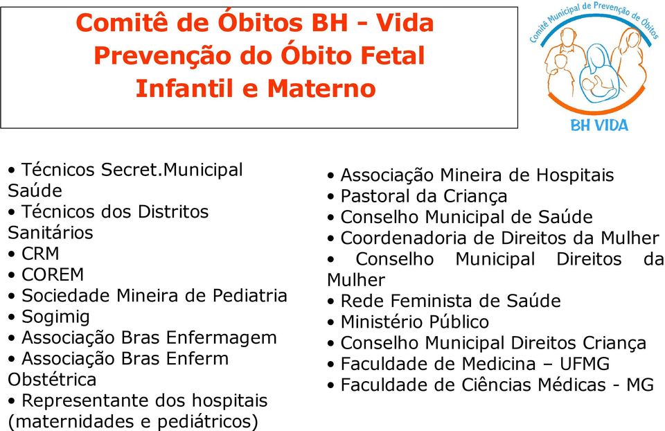 Obstétrica Representante dos hospitais (maternidades e pediátricos) Associação Mineira de Hospitais Pastoral da Criança Conselho Municipal de Saúde