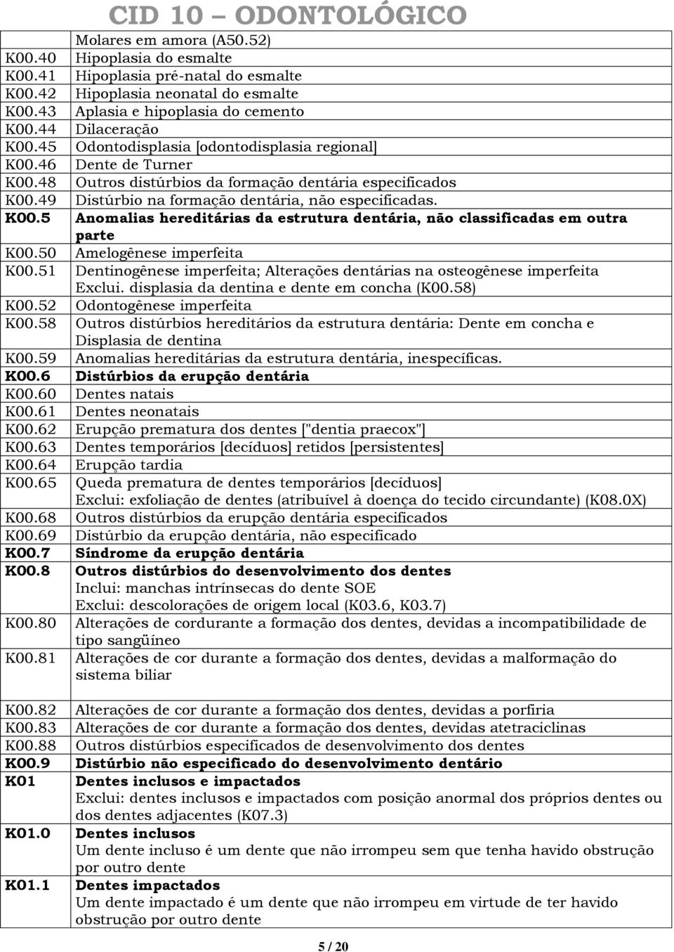 50 Amelogênese imperfeita K00.51 Dentinogênese imperfeita; Alterações dentárias na osteogênese imperfeita Exclui. displasia da dentina e dente em concha (K00.58) K00.52 Odontogênese imperfeita K00.