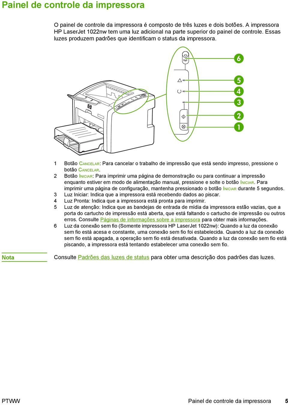 1 Botão CANCELAR: Para cancelar o trabalho de impressão que está sendo impresso, pressione o botão CANCELAR.