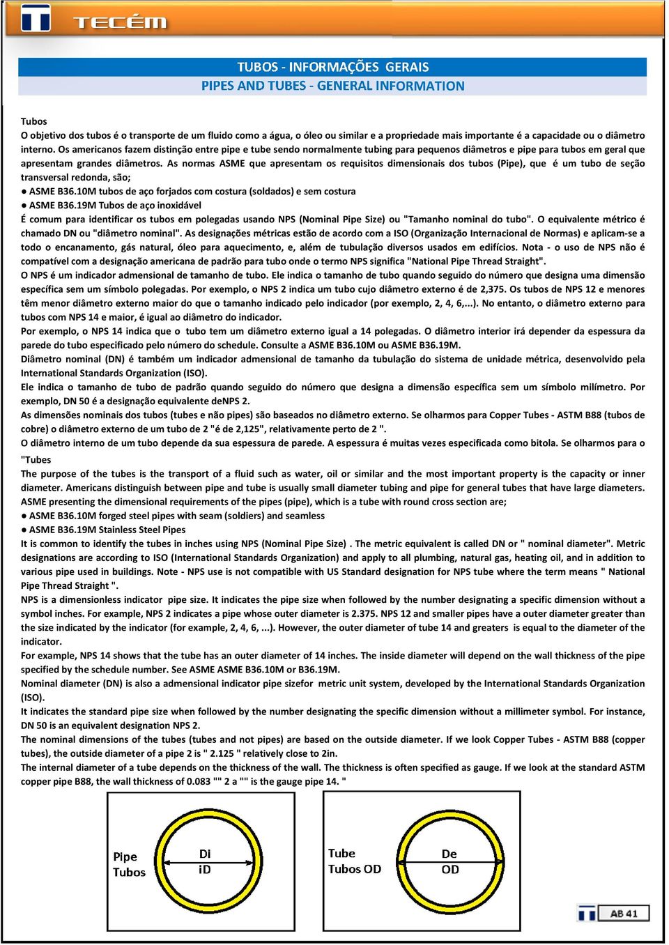 As normas ASME que apresentam os requisitos dimensionais dos tubos (Pipe), que é um tubo de seção transversal redonda, são; ASME B36.