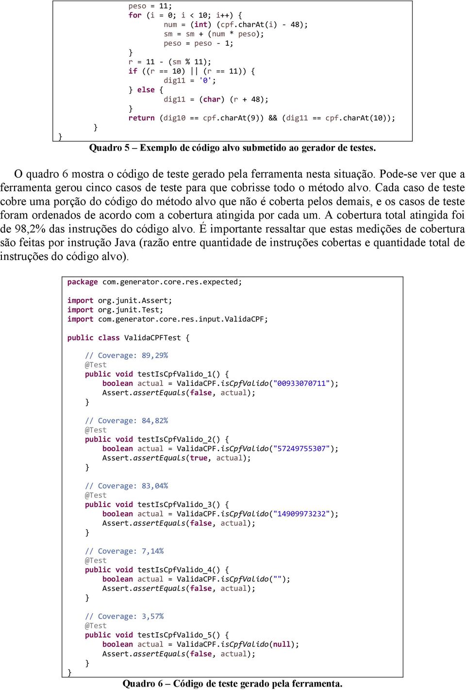 charat(10)); Quadro 5 Exemplo de código alvo submetido ao gerador de testes. O quadro 6 mostra o código de teste gerado pela ferramenta nesta situação.