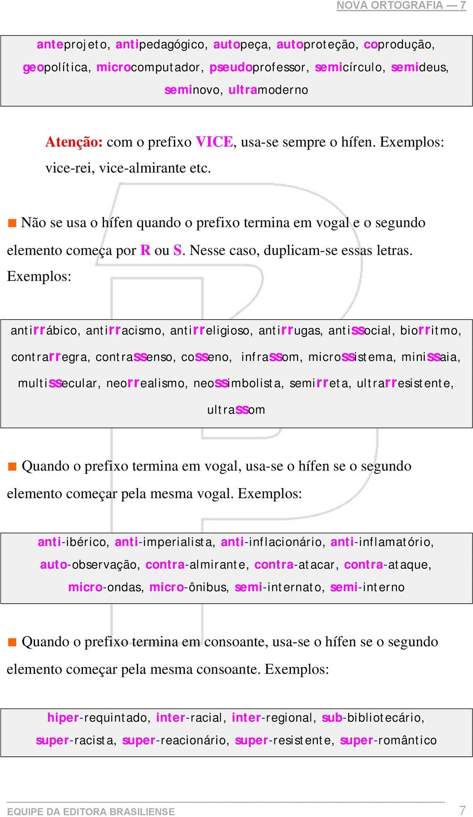 Exemplos: antirrábico, antirracismo, antirreligioso, antirrugas, antissocial, biorritmo, contrarregra, contrassenso, cosseno, infrassom, microssistema, minissaia, multissecular, neorrealismo,