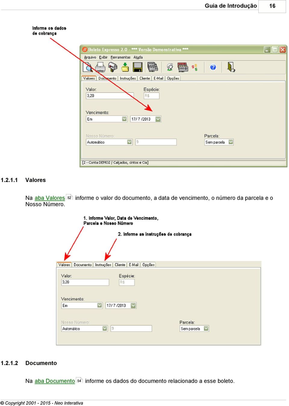 vencimento, o número da parcela e o Documento Na aba