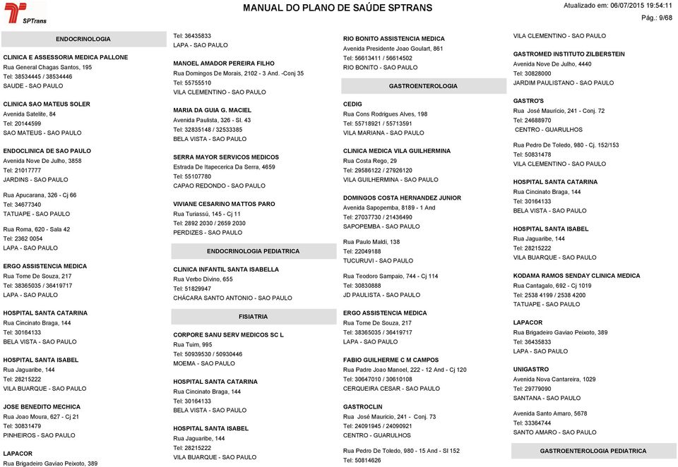 De Souza, 217 Tel: 38365035 / 36419717 Rua Cincinato Braga, 144 JOSE BENEDITO MECHICA Rua Joao Moura, 627 - Cj 21 Tel: 30831479 PINHEIROS - SAO PAULO LAPACOR Rua Brigadeiro Gaviao Peixoto, 389 Tel: