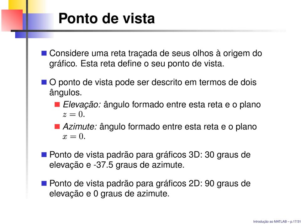 Azimute: ângulo formado entre esta reta e o plano Ponto de vista padrão para gráficos 3D: 30 graus de elevação e -375