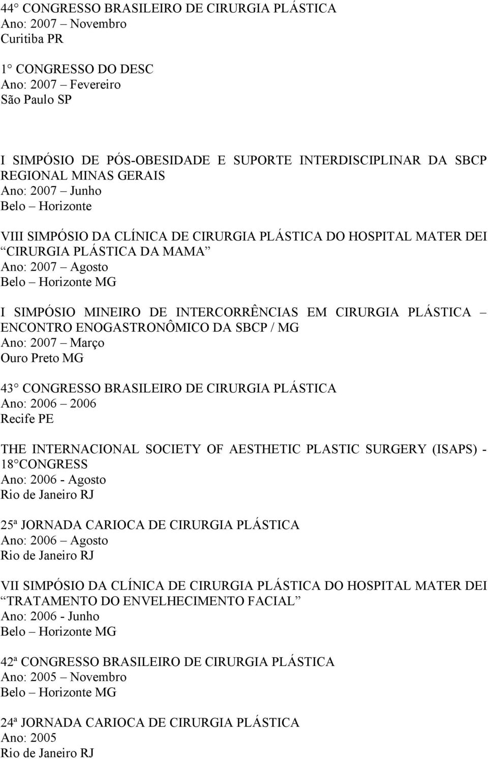 SBCP / MG Ano: 2007 Março Ouro Preto MG 43 CONGRESSO BRASILEIRO DE CIRURGIA PLÁSTICA Ano: 2006 2006 Recife PE THE INTERNACIONAL SOCIETY OF AESTHETIC PLASTIC SURGERY (ISAPS) - 18 CONGRESS Ano: 2006 -