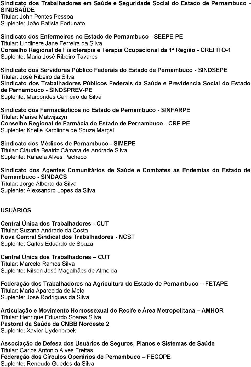 Servidores Público Federais do Estado de Pernambuco - SINDSEPE Titular: José Ribeiro da Silva Sindicato dos Trabalhadores Públicos Federais da Saúde e Previdencia Social do Estado de Pernambuco -