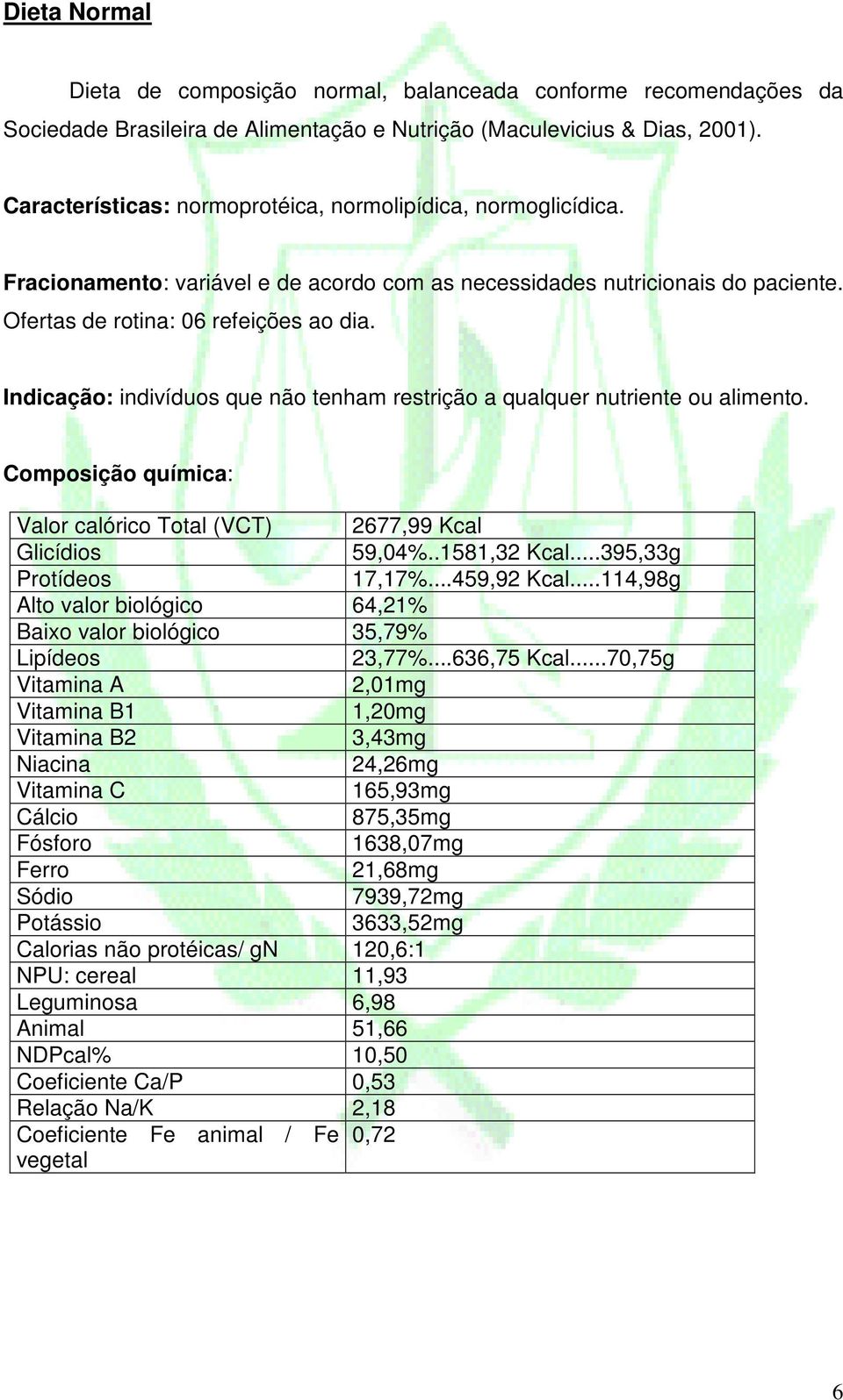 Indicação: indivíduos que não tenham restrição a qualquer nutriente ou alimento. Composição química: Valor calórico Total (VCT) 2677,99 Kcal Glicídios 59,04%..1581,32 Kcal...395,33g Protídeos 17,17%.