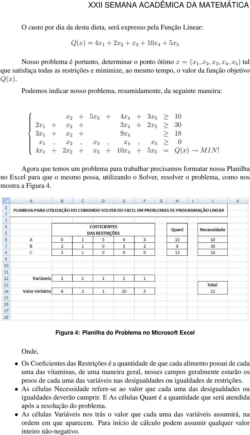 Podemos indicar nosso problema, resumidamente, da seguinte maneira: x 2 + 5x 3 + 4x 4 + 3x 5 10 2x 1 + x 2 + 3x 4 + 2x 5 30 3x 1 + x 2 + 9x 4 18 x 1, x 2, x 3, x 4, x 5 0 4x 1 + 2x 2 + x 3 + 10x 4 +