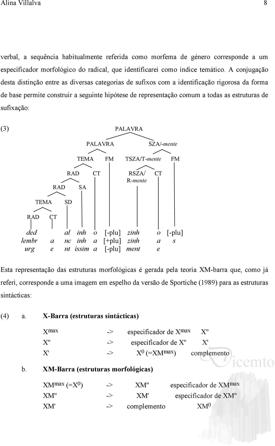 de sufixação: (3) PALAVRA PALAVRA SZA/-mente TEMA FM TSZA/T-mente FM RAD CT RSZA/ CT R-mente RAD SA TEMA SD RAD CT ded al inh o [-plu] zinh o [-plu] lembr a nc inh a [+plu] zinh a s urg e nt íssim a