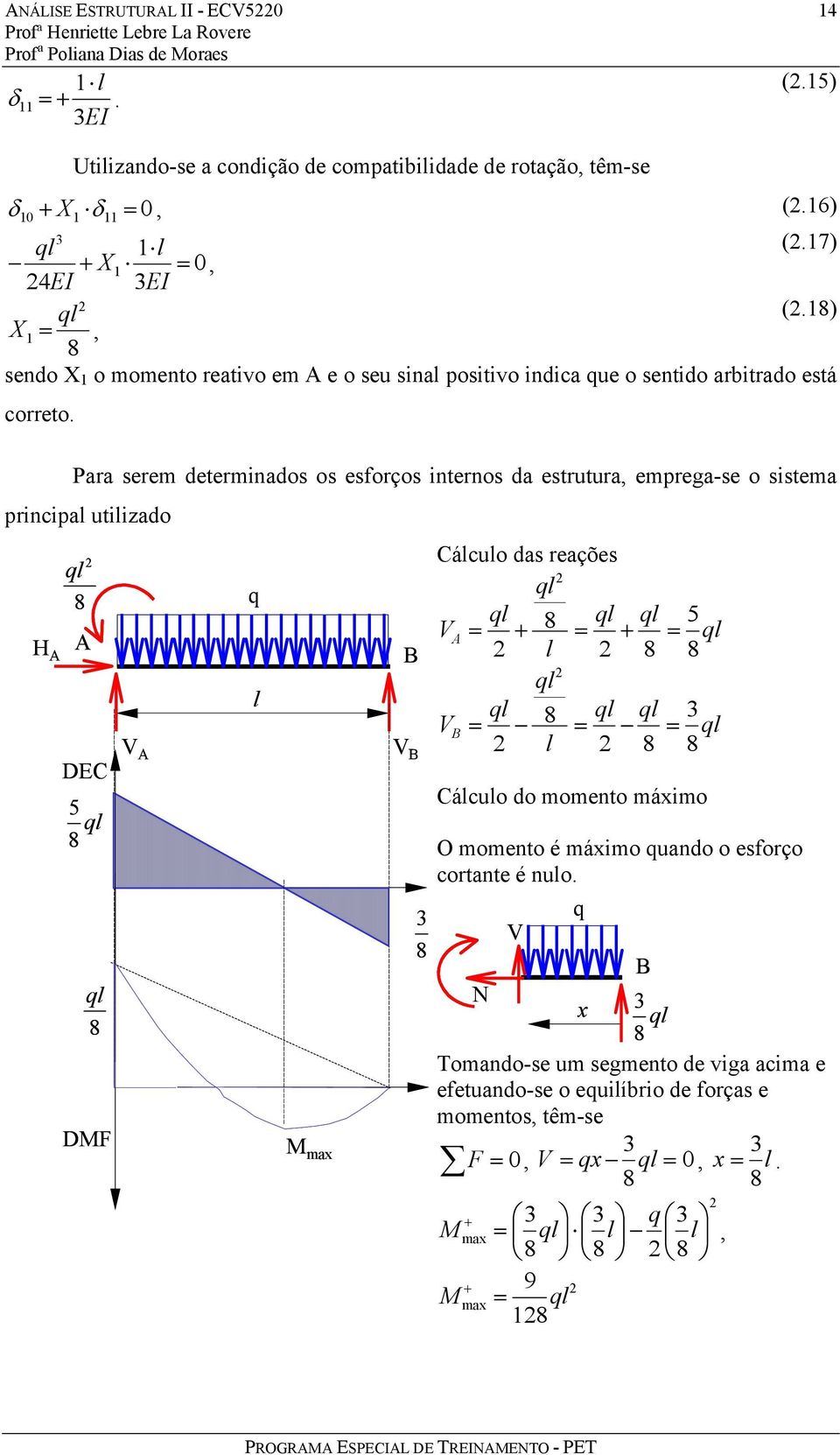 Para serem determinados os esforços internos da estrutura, emprega-se o sistema principa utiizado H q 8 DEC 5 q 8 q 8 DMF V q M max V 8 Cácuo das reações q V q q q 5 + 8 + q