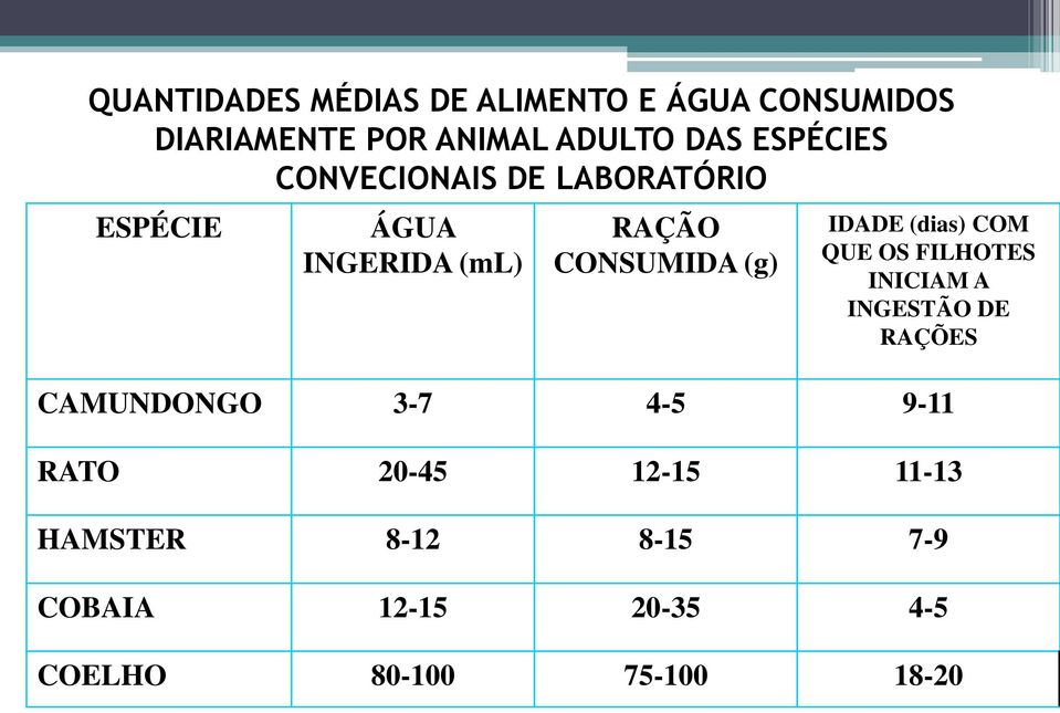 IDADE (dias) COM QUE OS FILHOTES INICIAM A INGESTÃO DE RAÇÕES CAMUNDONGO 3-7 4-5 9-11