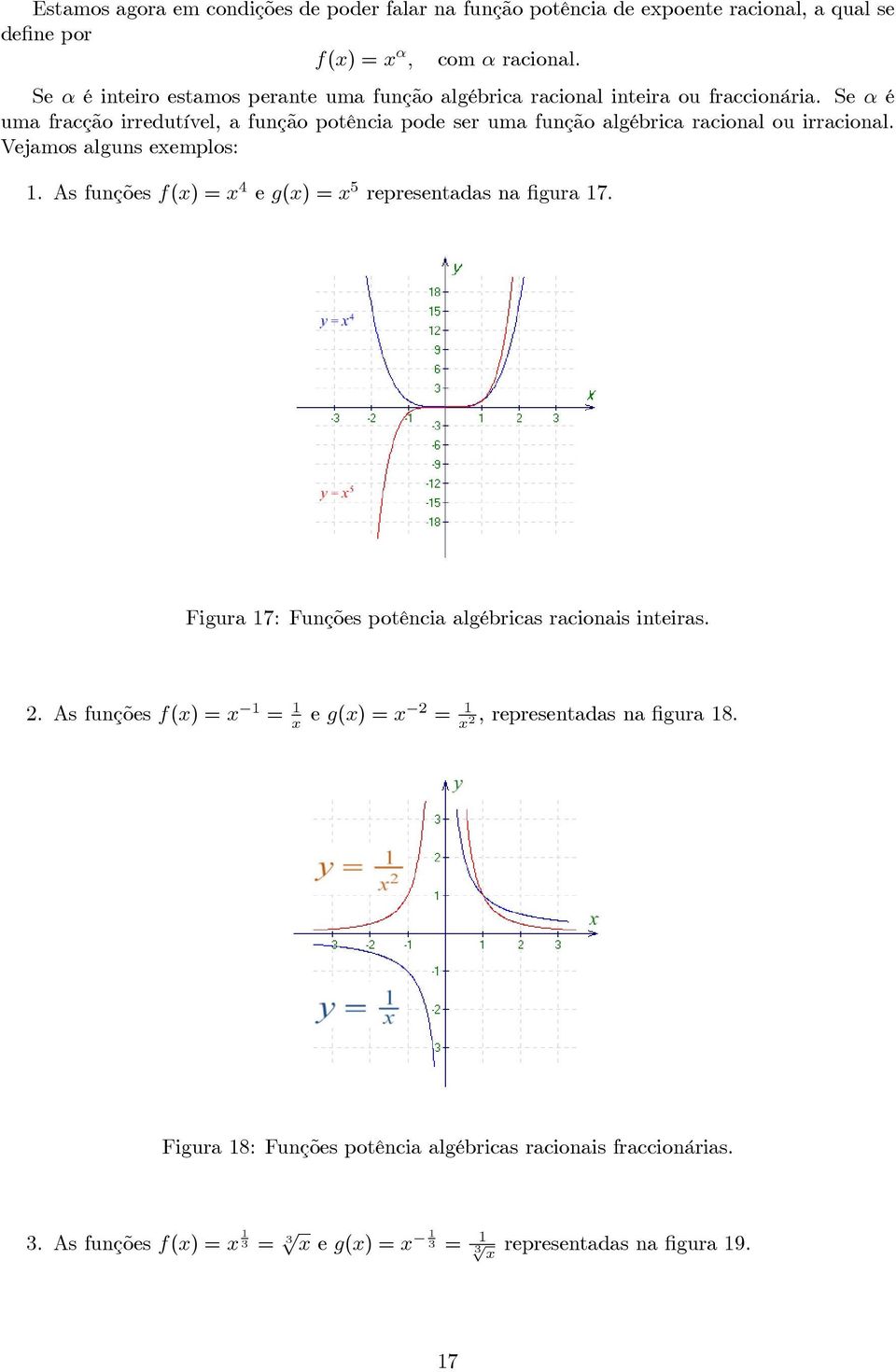 Se α é umafracçãoirredutível,afunçãopotênciapodeser uma função algébrica racional ou irracional. Vejamos alguns exemplos:.
