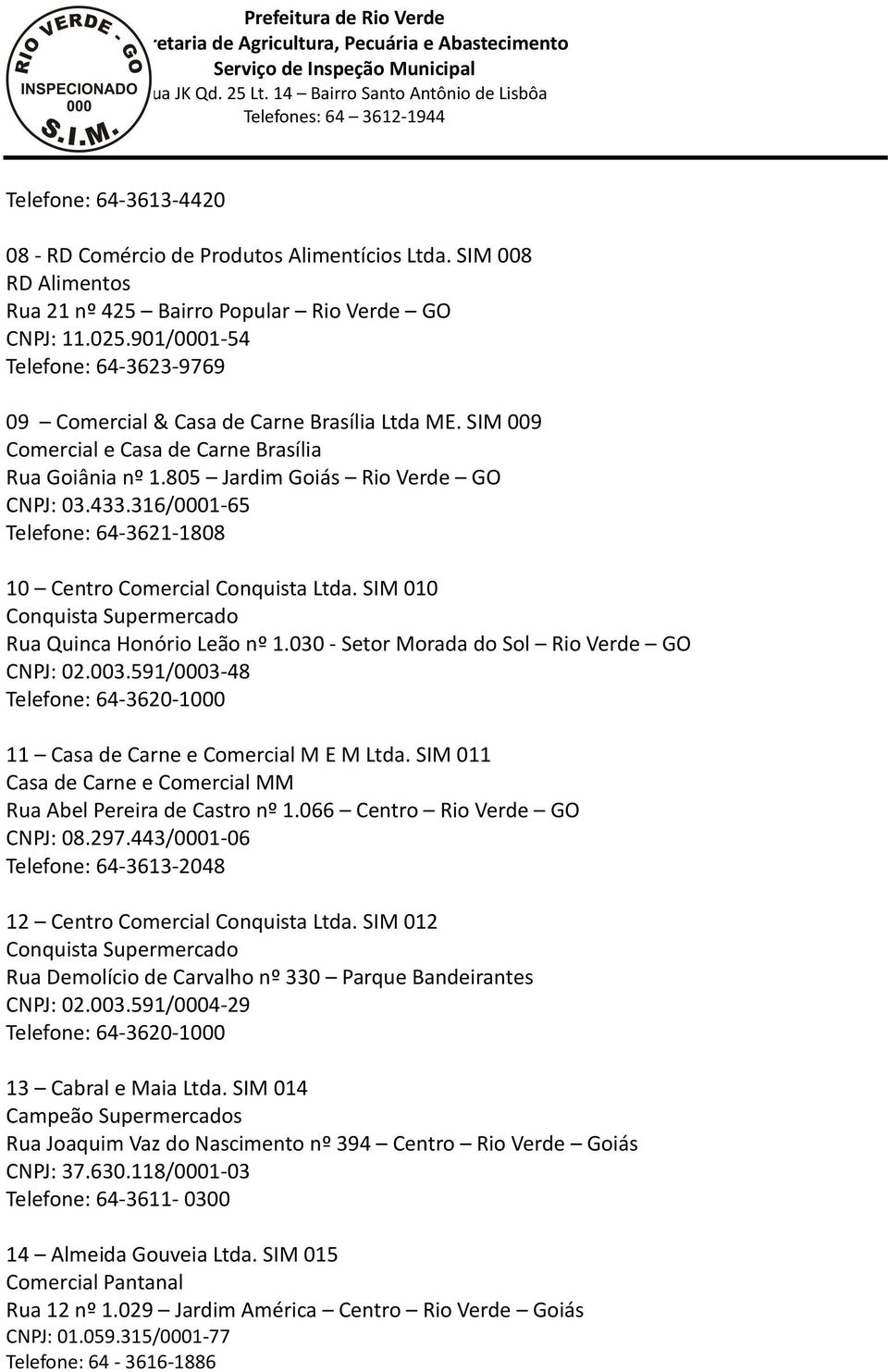 316/0001-65 Telefone: 64-3621-1808 10 Centro Comercial Conquista Ltda. SIM 010 Conquista Supermercado Rua Quinca Honório Leão nº 1.030 - Setor Morada do Sol Rio Verde GO CNPJ: 02.003.