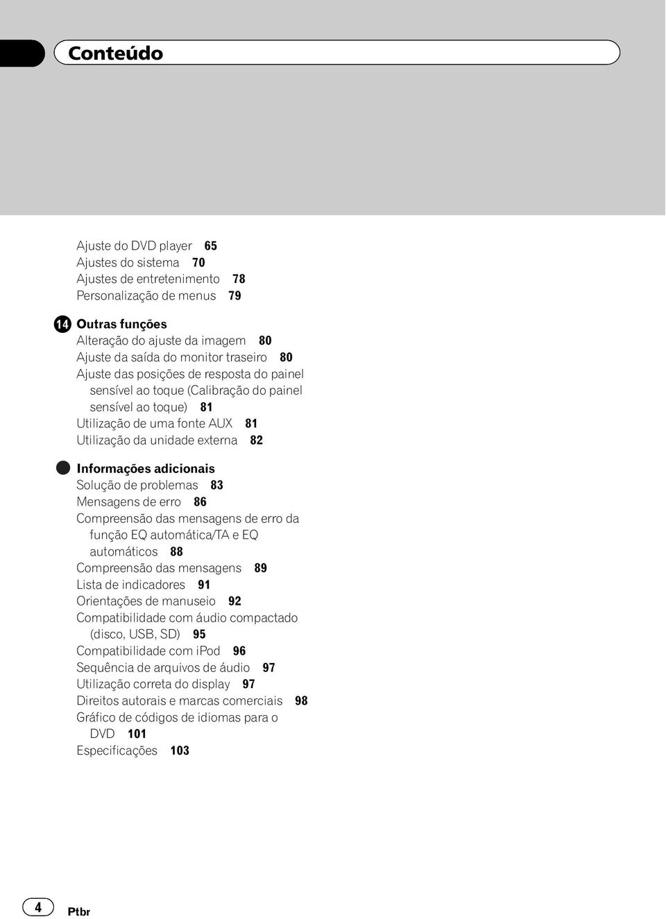 de problemas 83 Mensagens de erro 86 Compreensão das mensagens de erro da função EQ automática/ta e EQ automáticos 88 Compreensão das mensagens 89 Lista de indicadores 91 Orientações de manuseio 92