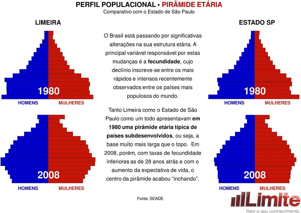 Tanto Limeira como o Estado de São Paulo como um todo apresentavam em 1980 uma pirâmide etária típica de países subdesenvolvidos, ou seja, a base muito mais larga que o topo.