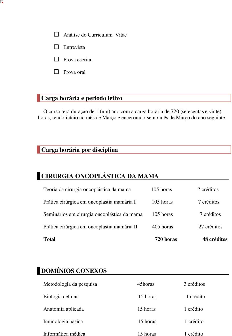 Carga horária por disciplina CIRURGIA ONCOPLÁSTICA DA MAMA Teoria da cirurgia oncoplástica da mama 105 horas 7 créditos Prática cirúrgica em oncoplastia mamária I 105 horas 7 créditos Seminários em