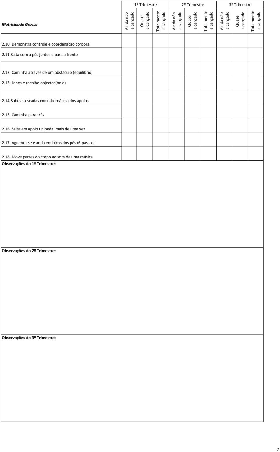 Lança e recolhe objectos(bola) 2.14.Sobe as escadas com alternância dos apoios 2.15. Caminha para trás 2.16.