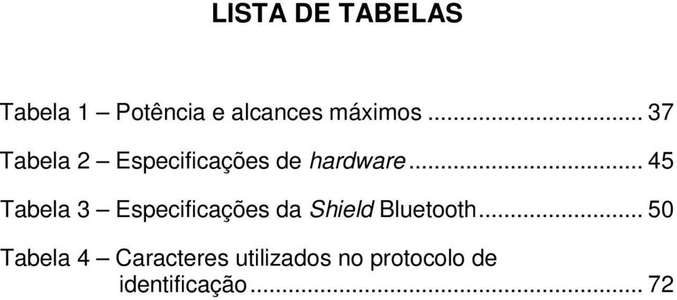 .. 45 Tabela 3 Especificações da Shield Bluetooth.