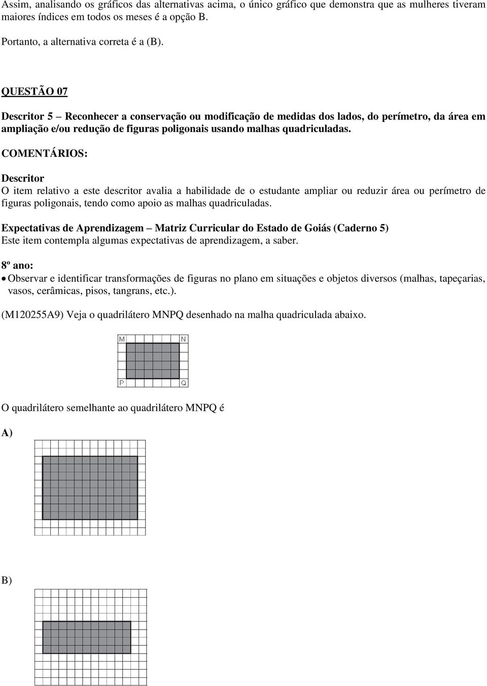 O item relativo a este descritor avalia a habilidade de o estudante ampliar ou reduzir área ou perímetro de figuras poligonais, tendo como apoio as malhas quadriculadas.