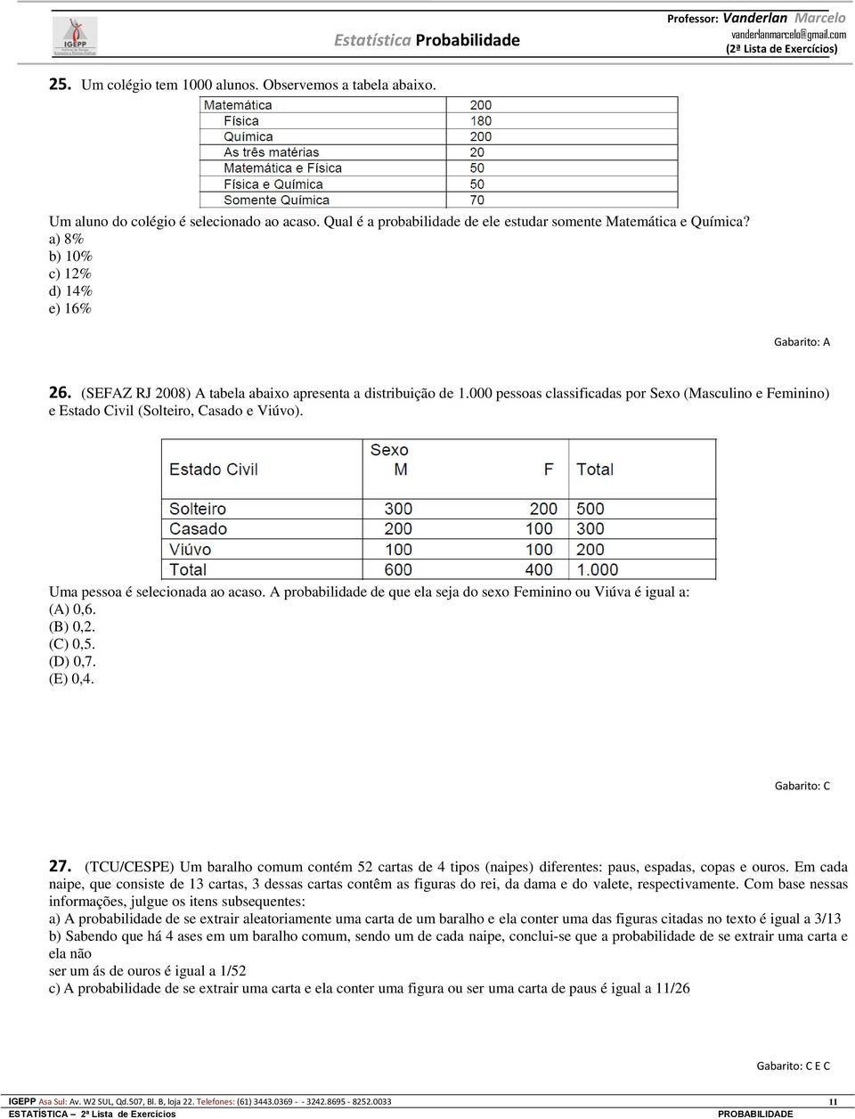 000 pessoas classificadas por Sexo (Masculino e Feminino) e Estado Civil (Solteiro, Casado e Viúvo). Uma pessoa é selecionada ao acaso.