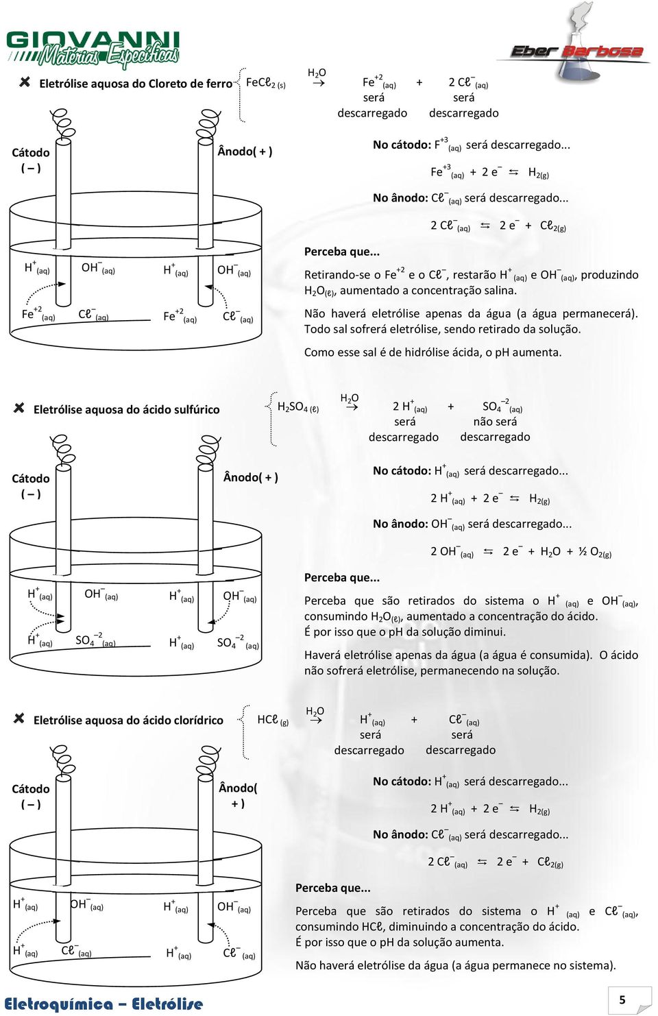 Fe +2 (aq) Cl (aq) Fe +2 (aq) Cl (aq) Não haverá eletrólise apenas da água (a água permanecerá). Todo sal sofrerá eletrólise, sendo retirado da solução.