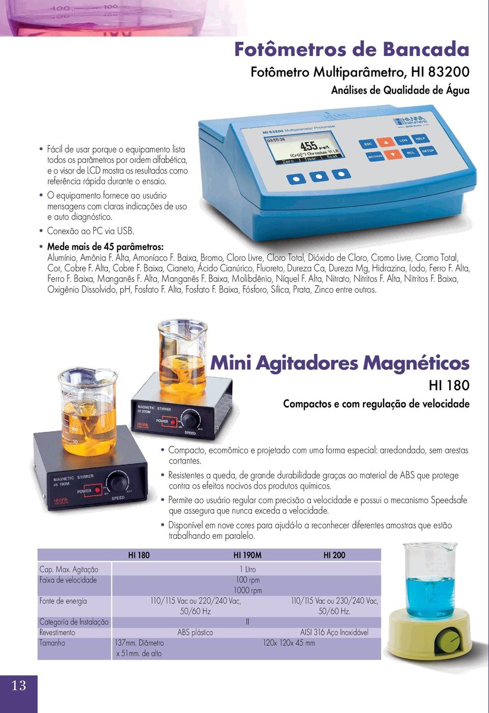 Mede mais de 45 parâmetros: Alumínio, Amônia F. Alta, Amoníaco F. Baixa, Bromo, Cloro Livre, Cloro Total, Dióxido de Cloro, Cromo Livre, Cromo Total, Cor, Cobre F. Alta, Cobre F.