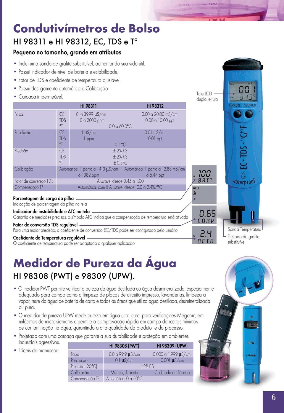 HI 98311 HI 98312 Faixa CE 0 a 3999 µs/cm 0.00 a 20.00 ms/cm TDS 0 a 2000 ppm 0.00 a 10.00 ppt T 0.0 a 60.0 C Resolução CE 1 µs/cm 0.01 ms/cm TDS 1 ppm 0.01 ppt T 0.1 C Precisão CE ± 2% F.