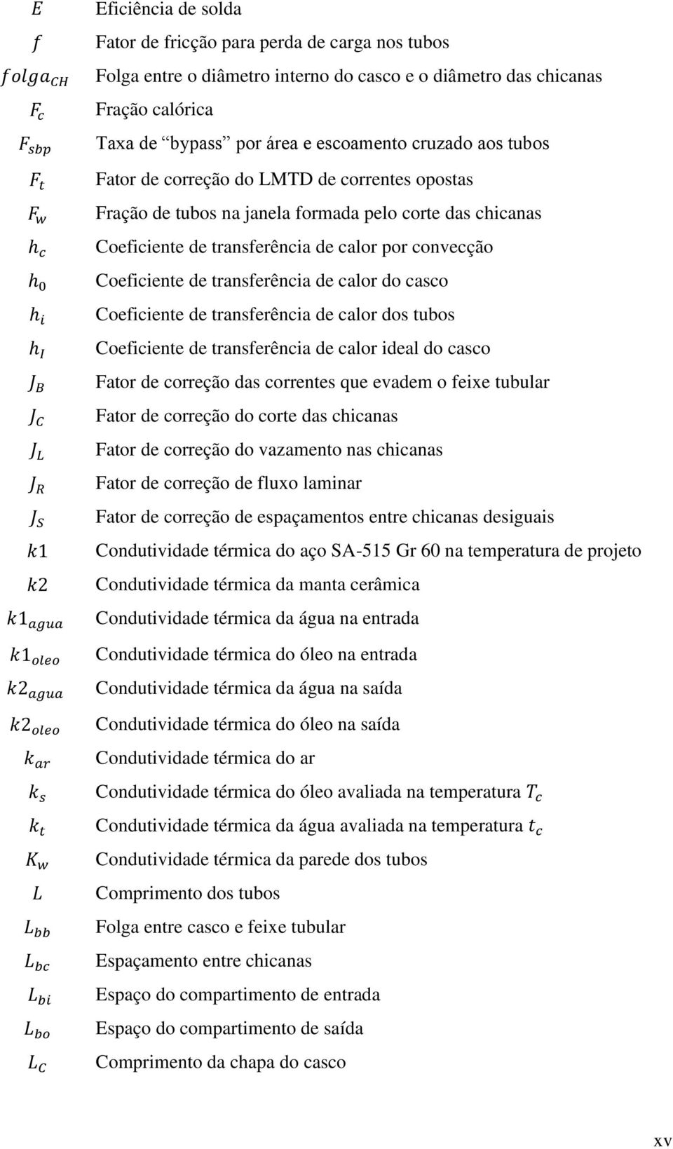 calor do casco Coeficiente de transferência de calor dos tubos Coeficiente de transferência de calor ideal do casco Fator de correção das correntes que evadem o feixe tubular Fator de correção do