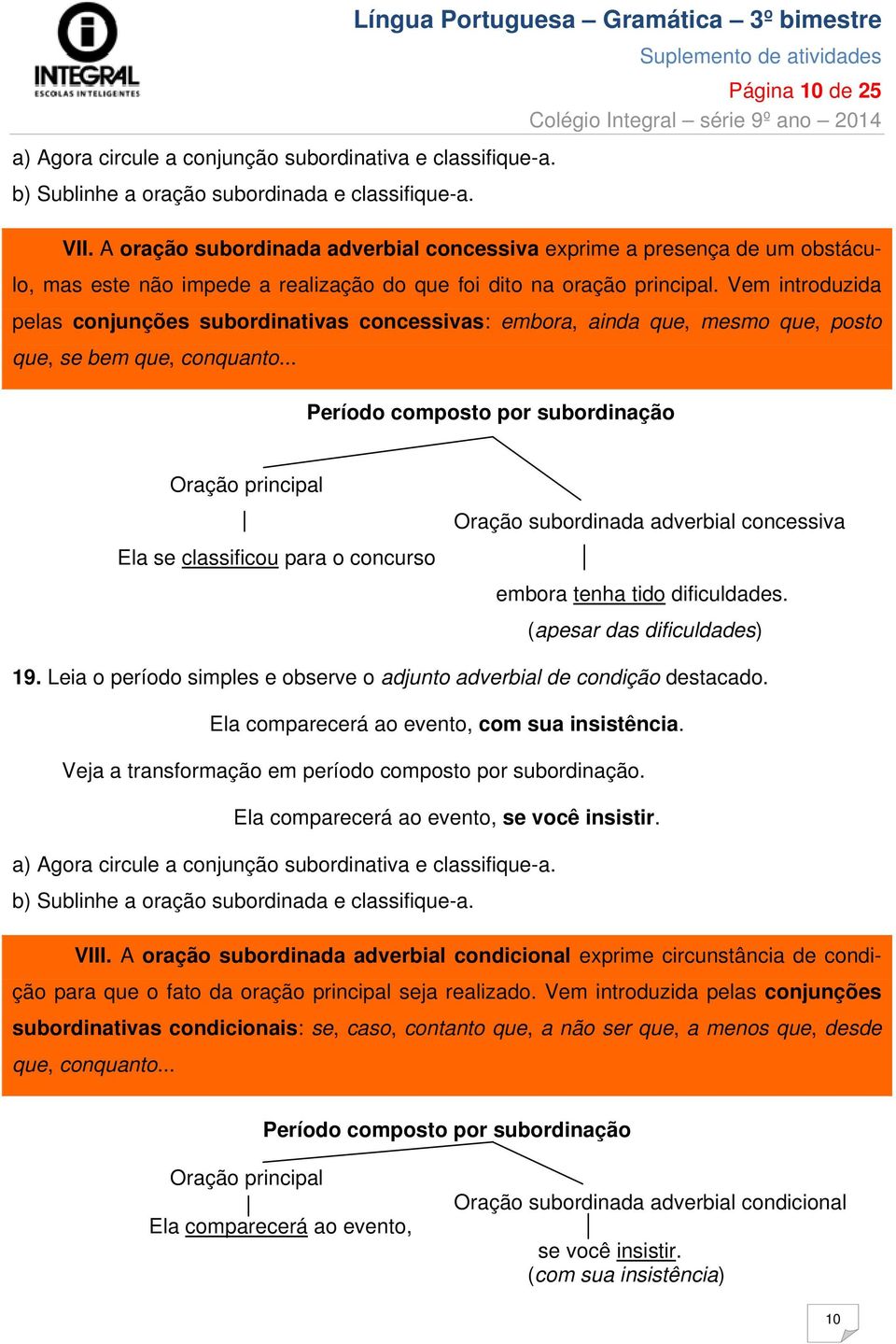 Vem introduzida pelas conjunções subordinativas concessivas: embora, ainda que, mesmo que, posto que, se bem que, conquanto.