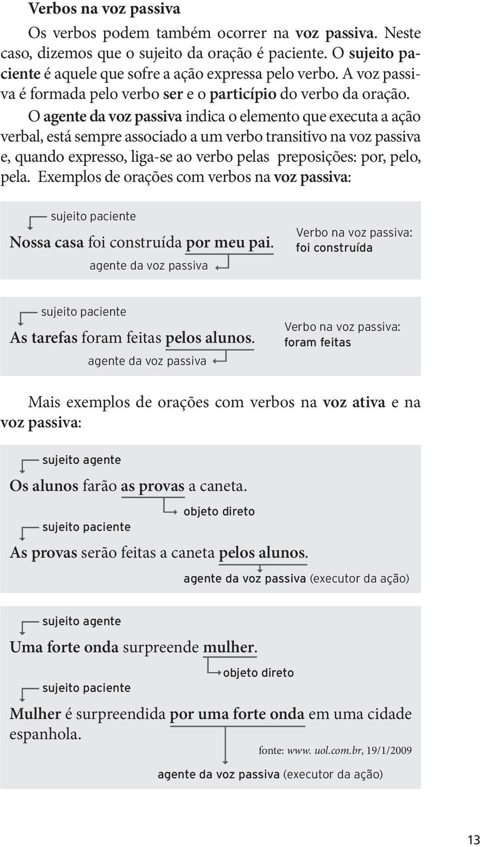 O agente da voz passiva indica o elemento que executa a ação verbal, está sempre associado a um verbo transitivo na voz passiva e, quando expresso, liga-se ao verbo pelas preposições: por, pelo, pela.