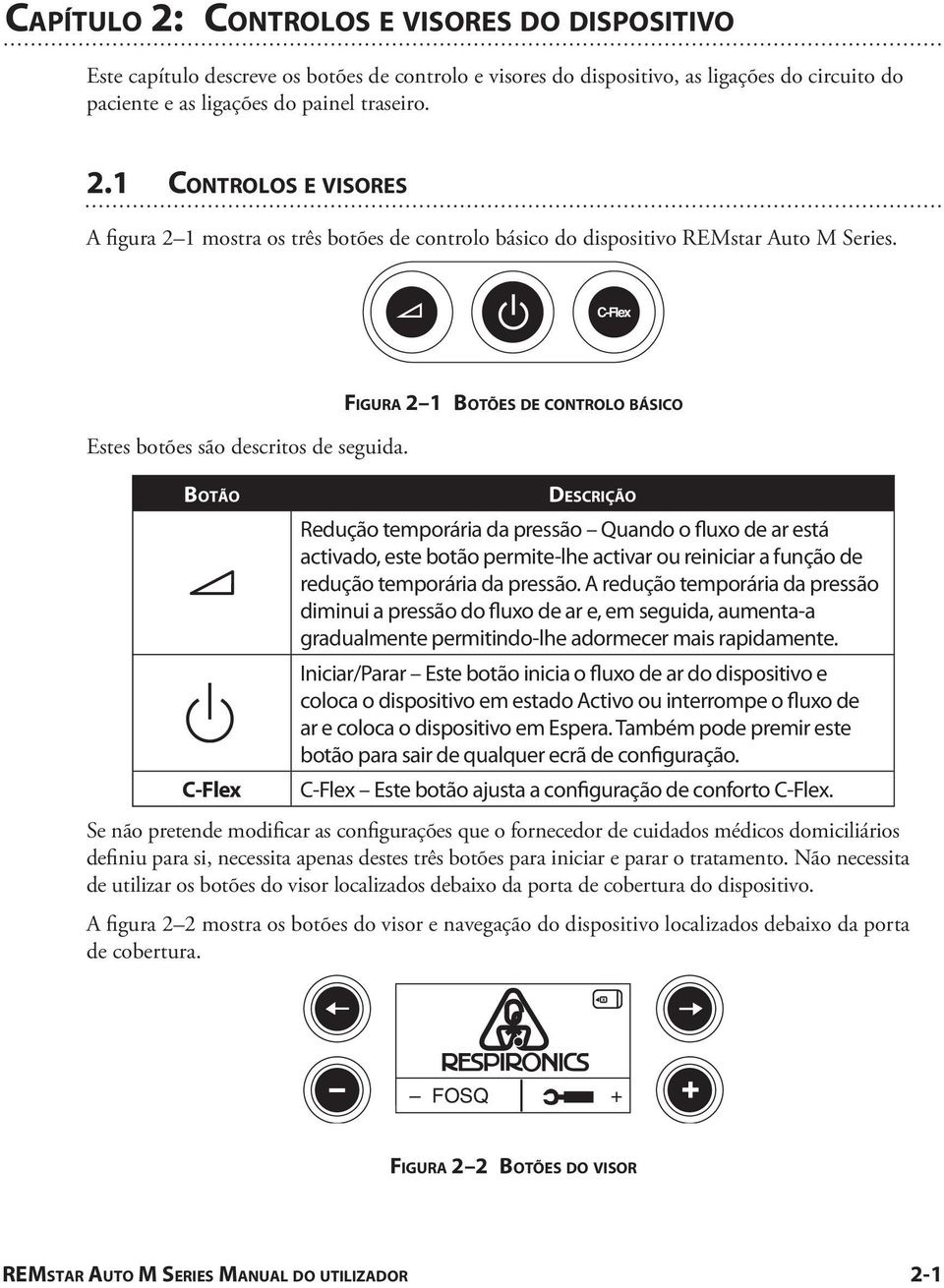 FIGURA 2 1 BOTÕES DE CONTROLO BÁSICO BOTÃO C-Flex DESCRIÇÃO Redução temporária da pressão Quando o fluxo de ar está activado, este botão permite-lhe activar ou reiniciar a função de redução