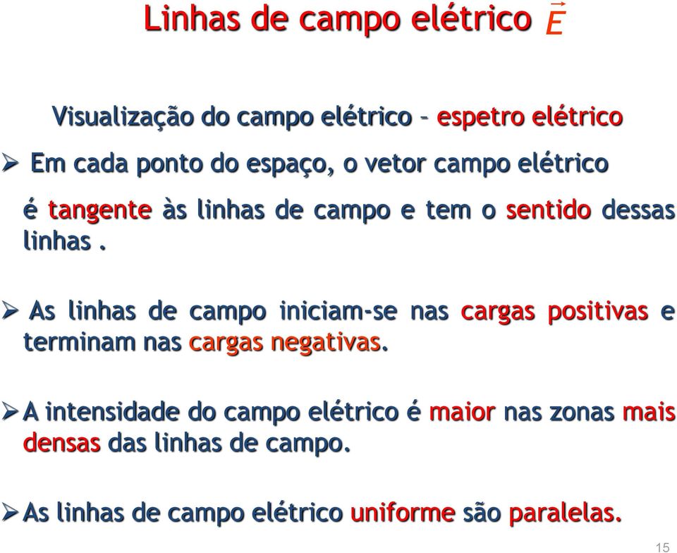 As linhas de campo iniciam-se nas cargas positivas e terminam nas cargas negativas.