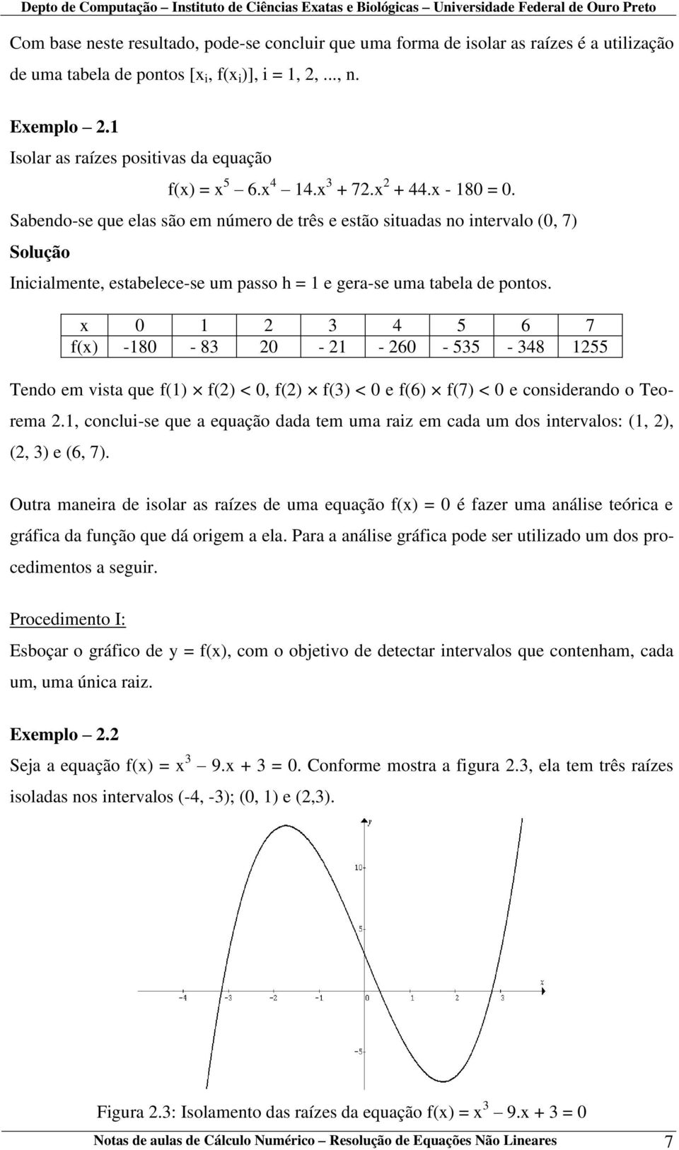 Sabendo-se que elas são em número de três e estão situadas no intervalo (0, 7) Solução Inicialmente, estabelece-se um passo h = 1 e gera-se uma tabela de pontos.