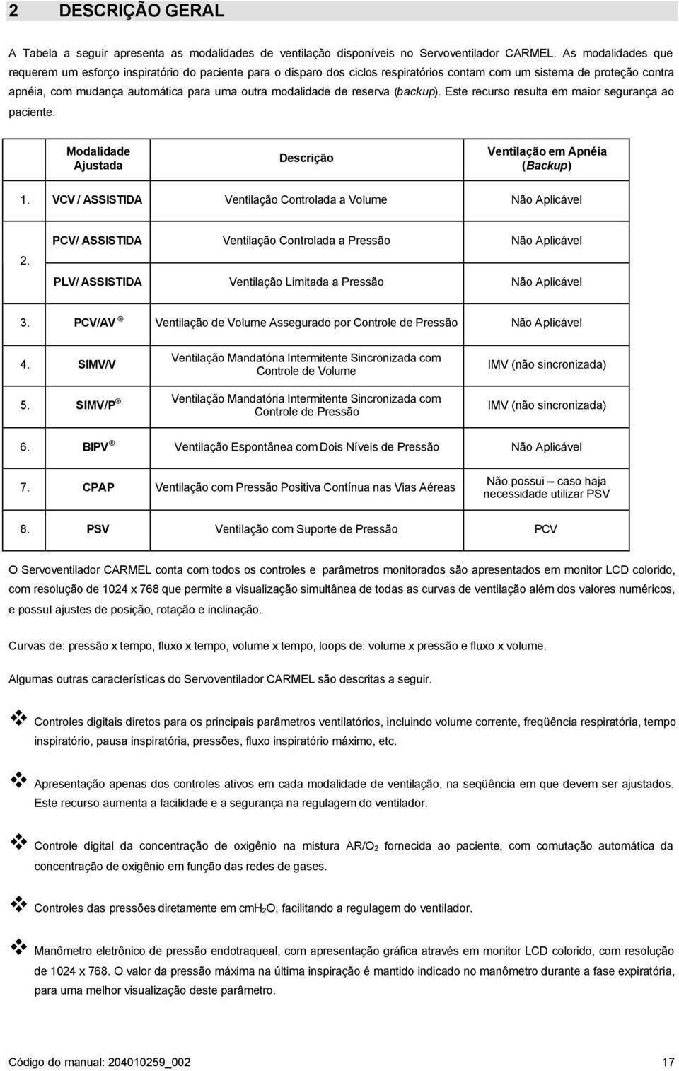 modalidade de reserva (backup). Este recurso resulta em maior segurança ao paciente. Modalidade Ajustada Descrição Ventilação em Apnéia (Backup) 1.