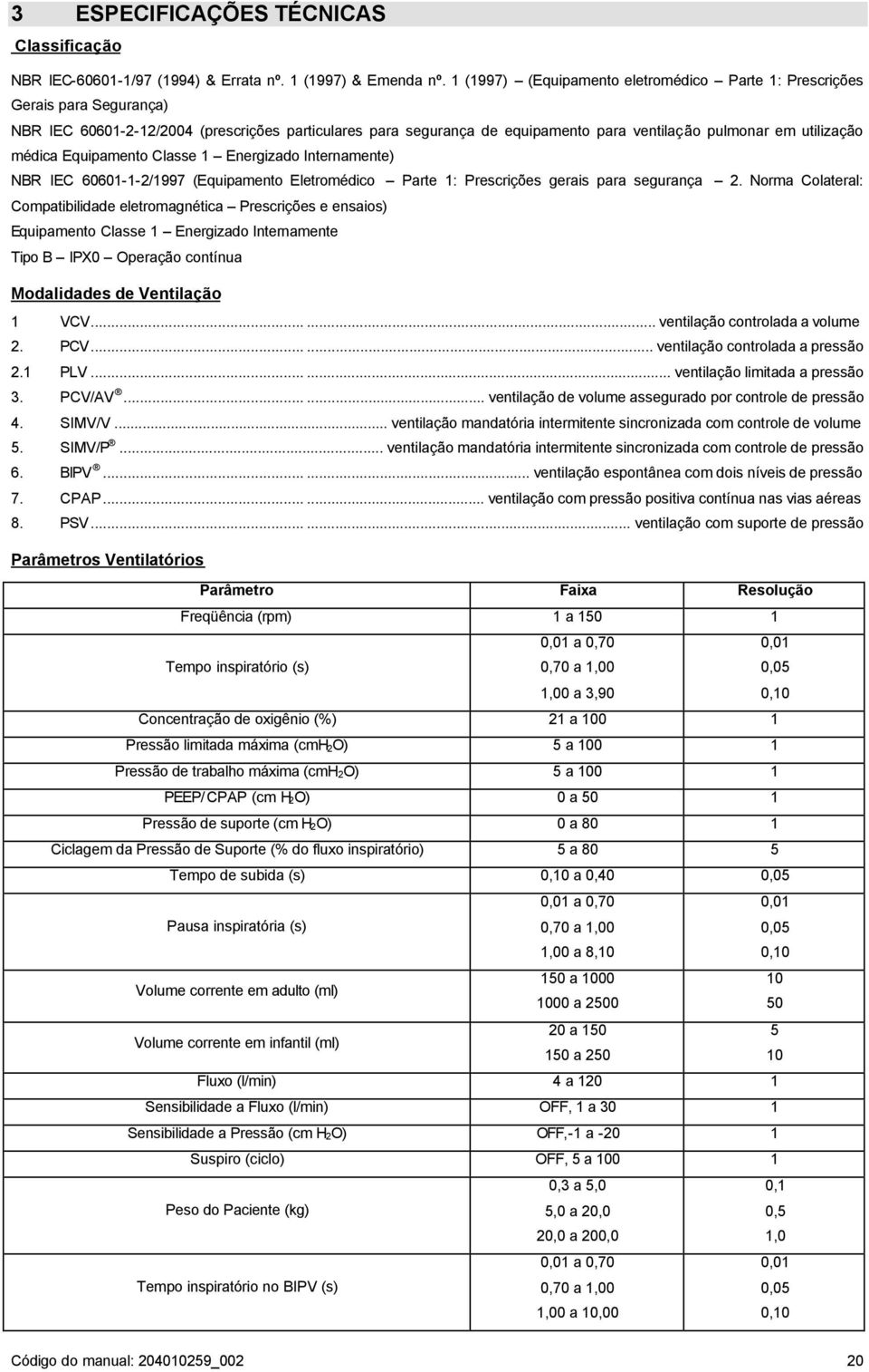 médica Equipamento Classe 1 Energizado Internamente) NBR IEC 60601-1-2/1997 (Equipamento Eletromédico Parte 1: Prescrições gerais para segurança 2.