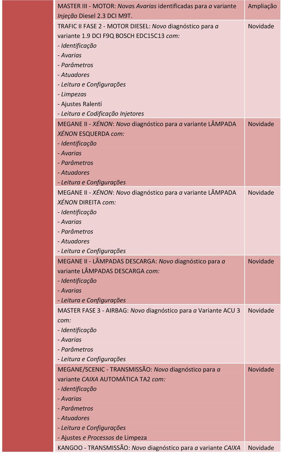 - Leitura e Configurações MEGANE II - XÉNON: Novo diagnóstico para a variante LÂMPADA XÉNON DIREITA com: - Leitura e Configurações MEGANE II - LÂMPADAS DESCARGA: Novo diagnóstico para a variante