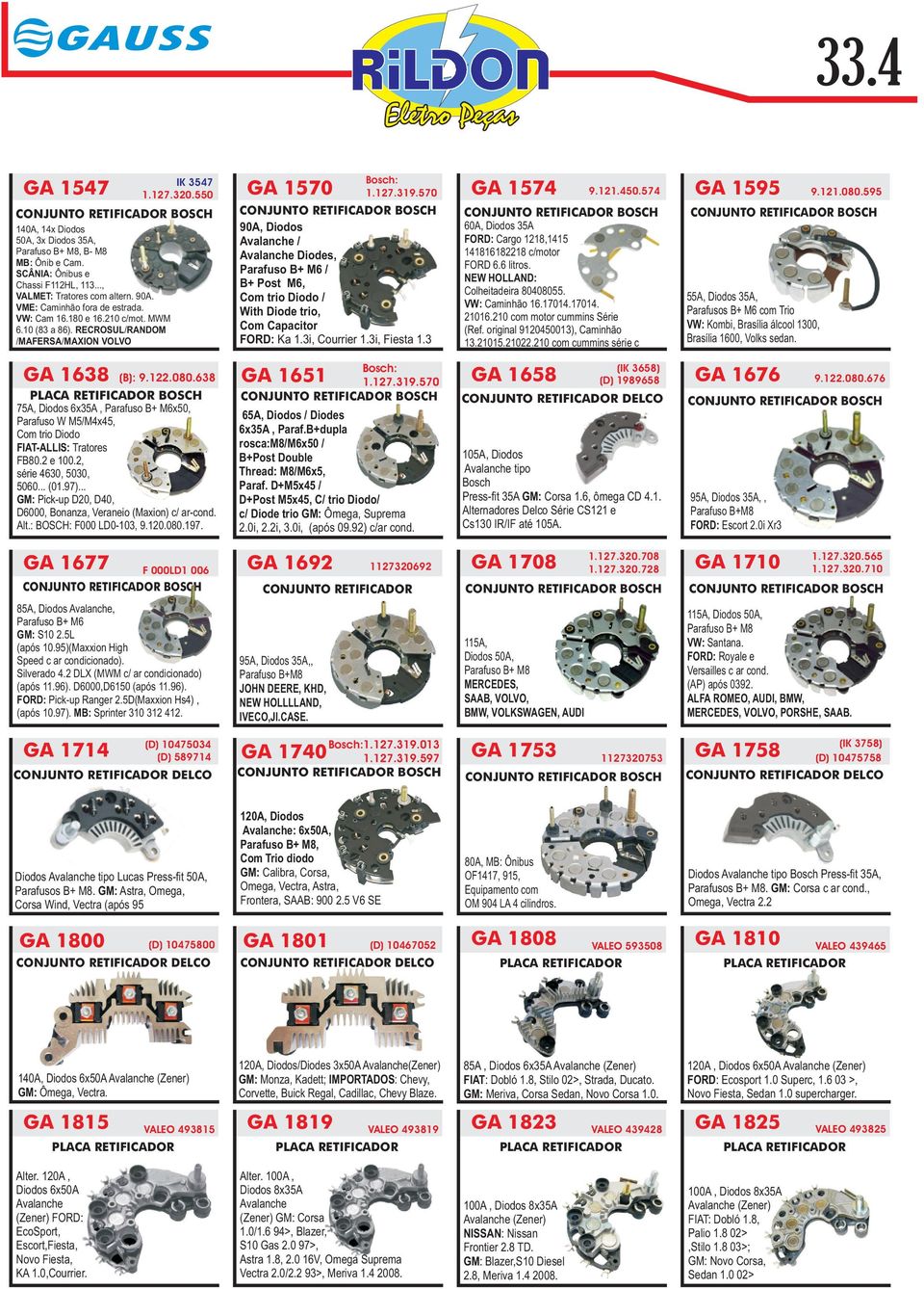 638 BOSCH 75A, Diodos 6x35A, Parafuso B+ M6x50, Parafuso W M5/M4x45, Com trio Diodo FIAT-ALLIS: Tratores FB80.2 e 100.2, série 4630, 5030, 5060... (01.97).