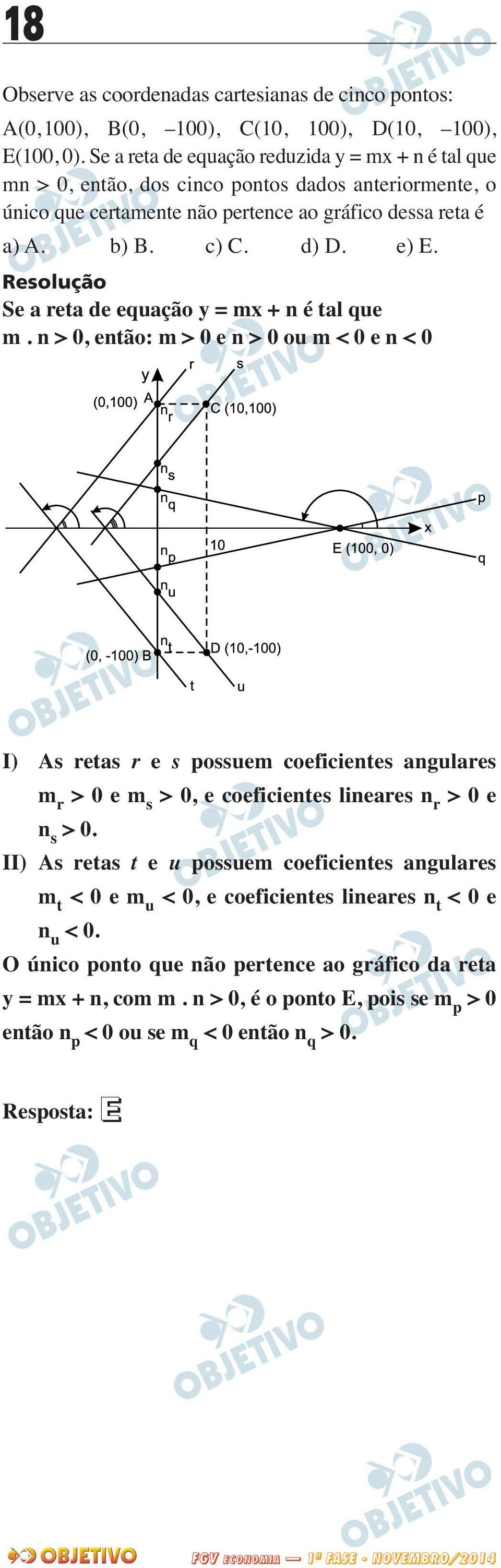 Se a reta de equação y = mx + n é tal que m. n > 0, então: m > 0 e n > 0 ou m < 0 e n < 0 I) As retas r e s possuem coeficientes angulares m r > 0 e m s > 0, e coeficientes lineares n r > 0 e n s > 0.