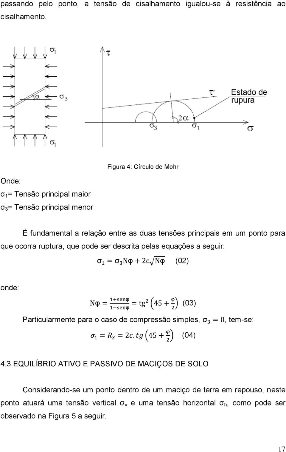 para que ocorra ruptura, que pode ser descrita pelas equações a seguir: (02) onde: (03) Particularmente para o caso de compressão simples,, tem-se: (04) 4.