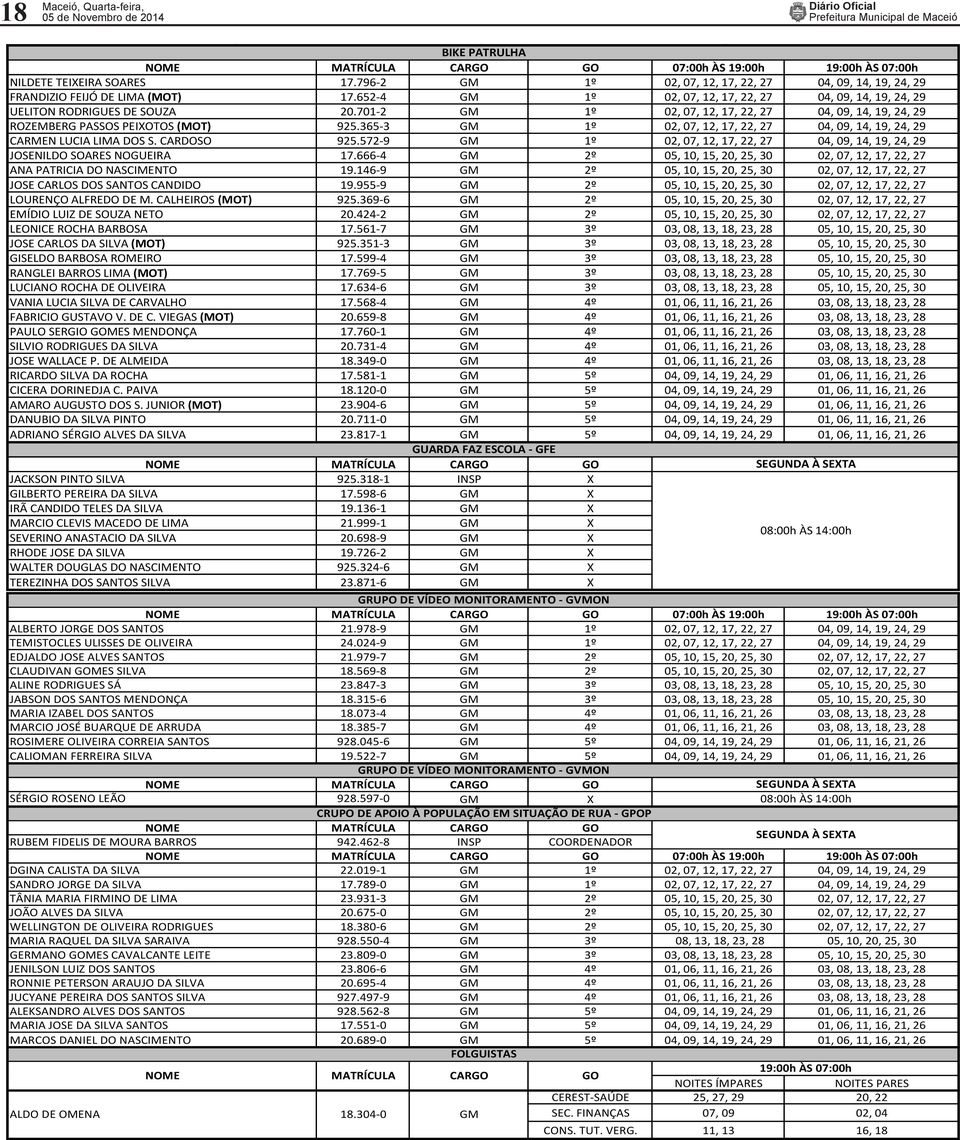 701-2 GM 1º 02, 07, 12, 17, 22, 27 04, 09, 14, 19, 24, 29 ROZEMBERG PASSOS PEIXOTOS (MOT) 925.365-3 GM 1º 02, 07, 12, 17, 22, 27 04, 09, 14, 19, 24, 29 CARMEN LUCIA LIMA DOS S. CARDOSO 925.