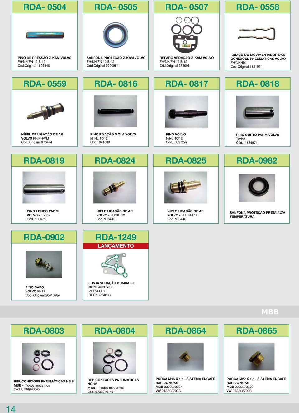 Original 1521974 RDA- 0559 RDA- 0816 RDA- 0817 RDA- 0818 NÍPEL DE LIGAÇÃO DE AR VOLVO FH/NH/VM Cód. Original 976444 PINO FIXAÇÃO MOLA VOLVO N/ NL 10/12 Cód. 941689 PINO VOLVO N/NL 10/12 Cód.