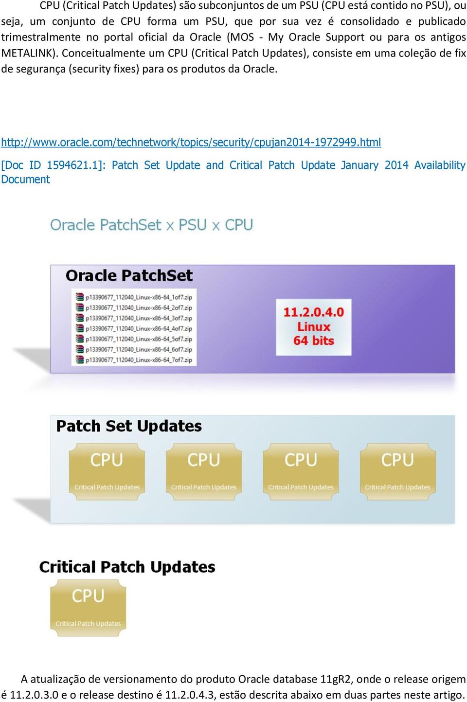 Conceitualmente um CPU (Critical Patch Updates), consiste em uma coleção de fix de segurança (security fixes) para os produtos da Oracle. http://www.oracle.