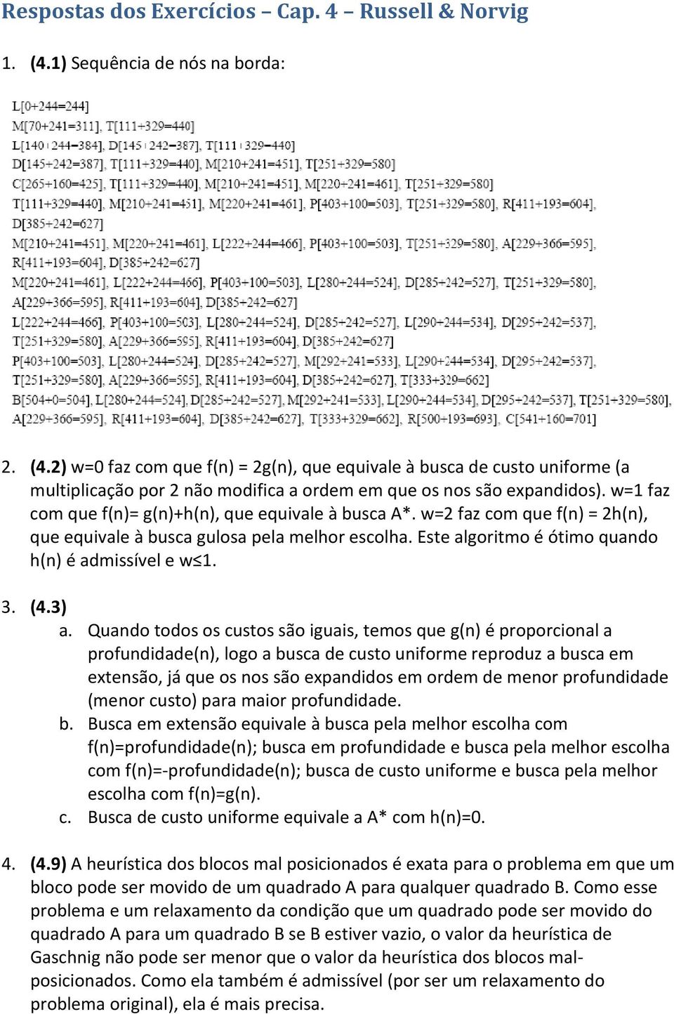 w=1 faz com que f(n)= g(n)+h(n), que equivale à busca A*. w=2 faz com que f(n) = 2h(n), que equivale à busca gulosa pela melhor escolha. Este algoritmo é ótimo quando h(n) é admissível e w 1. 3. (4.